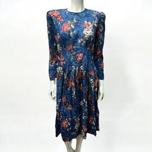 Miss Darby Blue Floral Long-Sleeve Midi Dress, Size 10 – Cottagecore/Victorian